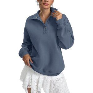 Women's Dark Blue Sweatshirts Trendy Tops Fleece Henley Neck Long Sleeve Button